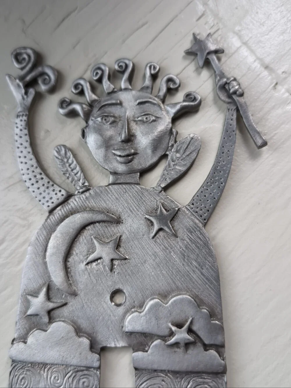 Handmade signed pewter switch plate whimsical celestial witch by Leandra Drumm